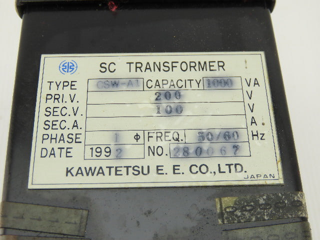 Kawatetsu CSW-A1 200V Hi 100V Lo 1000VA 50/60Hz 1Ph SC Transformer