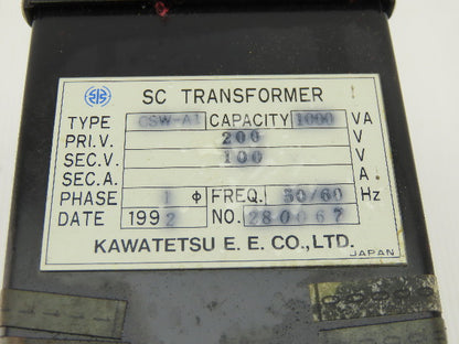 Kawatetsu CSW-A1 200V Hi 100V Lo 1000VA 50/60Hz 1Ph SC Transformer