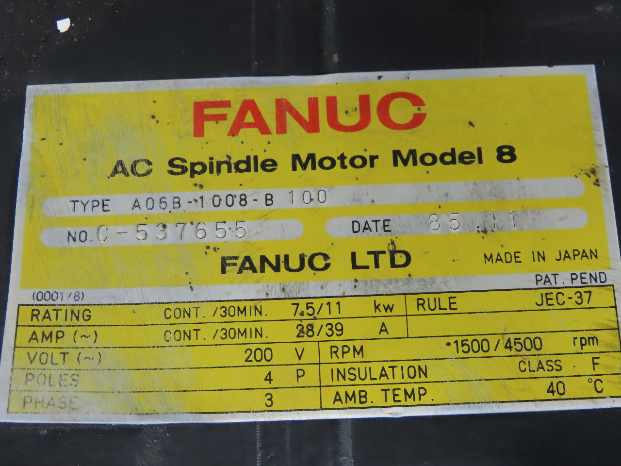 Fanuc A06B-1008-B100 Model 8 7.5/11kW 200V 3Ph AC Servo Motor
