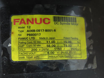 Fanuc A06B-0817-B001-R Model 12 11/15kW 1500/3500PRM 200 VDC Servo Motor