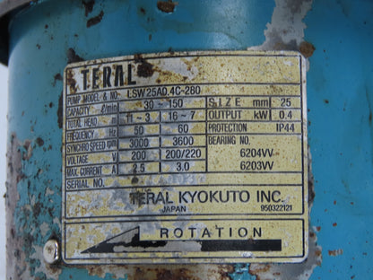 Teral LSW25A0.4C-280 Coolant Pump .4kW 3000/3600RPM 200/220V 50/60Hz 11-16m/head