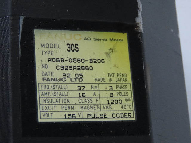 Fanuc A06B-0590-B206 Model 30S AC Servo Motor 156V 3Ph 1200RPM W/ Brake Encoder