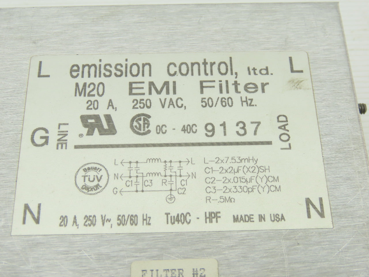 Emission Control M20 EMI Filter 250VAC 20A 50/60Hz