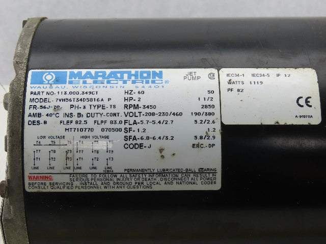 Marathon 7VH56T34D5816A 2Hp 208-230/460V 1-1/2" x 1" Flange Mount Fire Pump