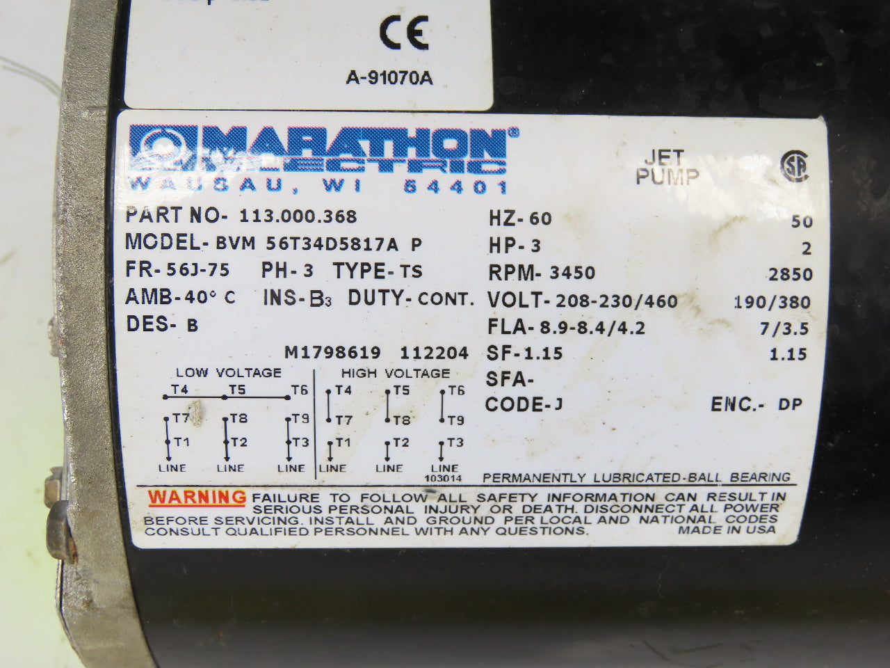 Marathon 3375K164 3Hp 3450RPM 3Ph 208-230/460V 1-1/2"x1" Centrifugal Motor Pump