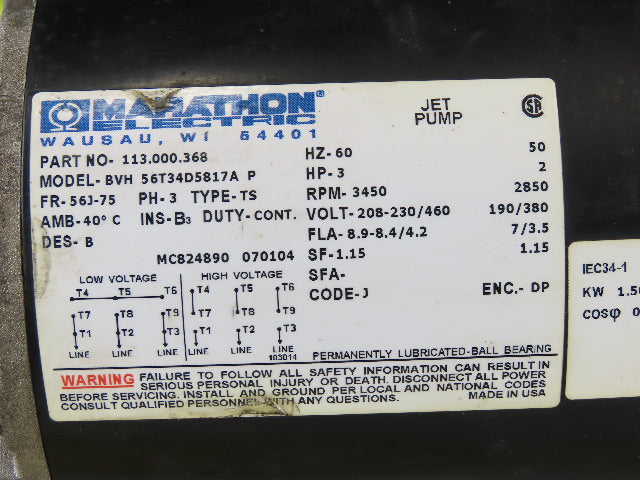 Marathon 075.00711.00 3Hp 3450RPM 208-230/460V 1-1/2"x1" Flange Mount Motor Pump