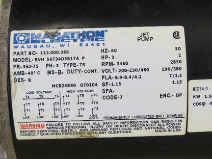 Marathon 075.00711.00 3Hp 3450RPM 208-230/460V 1-1/2"x1" Flange Mount Motor Pump