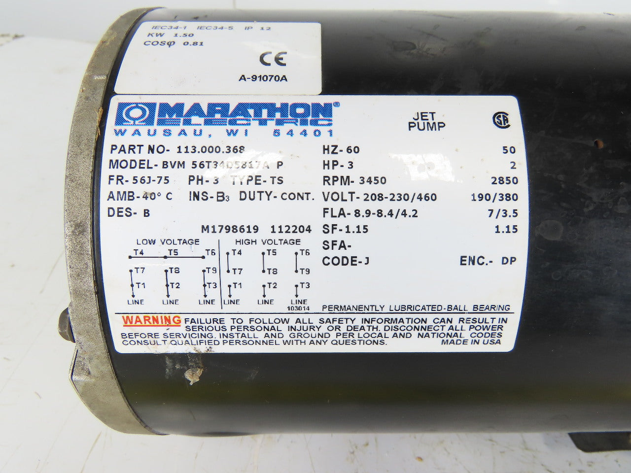 Marathon 075.00744.00 3Hp 3450RPM 208-230/460V 1-1/2"x1" Flange Mount Motor Pump