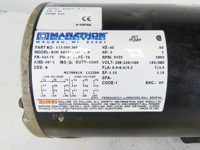 Marathon 075.00744.00 3Hp 3450RPM 208-230/460V 1-1/2"x1" Flange Mount Motor Pump