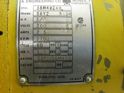Cleveland Crane 35M49Z69 Electric AC Motor 200V 3/4Hp 3Ph 1700RPM 56YZ Frame