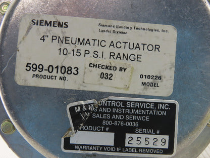 Siemens 599-01083 Model 010226 3 Way Pneumatic Actuator 4" 10-15 PSI 1" NPT Body