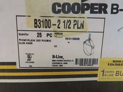 Cooper B-Line B3100-2-1/2 PLN 2-1/2" Pipe Clevis Hanger For 1/2" Rod Lot Of 25