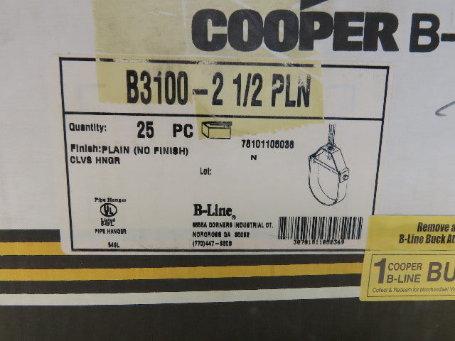 Cooper B-Line B3100-2-1/2 PLN 2-1/2" Pipe Clevis Hanger For 1/2" Rod Lot Of 25