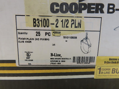 Cooper B-Line B3100-2-1/2 PLN 2-1/2" Pipe Clevis Hanger For 1/2" Rod Lot Of 25