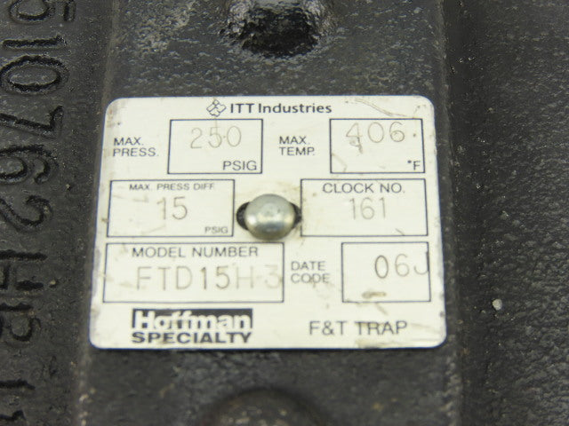 ITT Hoffman Specialty FTD15H3 Steam Trap Cover 250 Max Press 406° F Max Temp