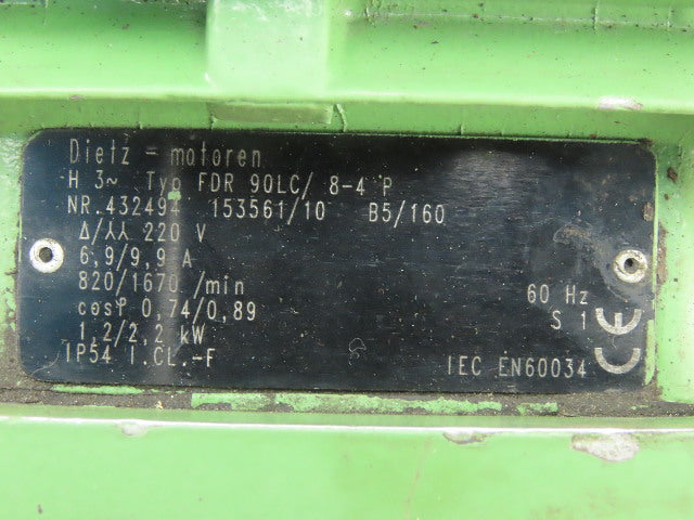 Dietz FDR 90LC 1.2/2.2kW 220V Star/Delta 3Ph 60Hz EN60034 Electric AC Motor