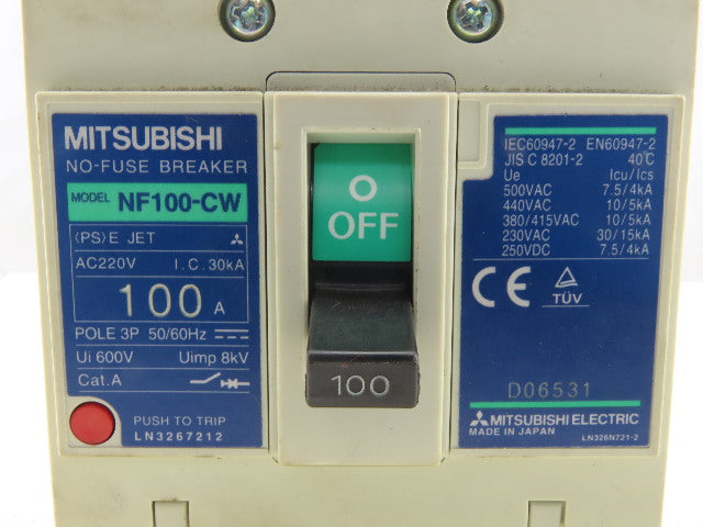 Mitsubishi NF100-CW 100A Circuit Breaker 3P 50/60Hz 500VAC 7.5kW 250VDC