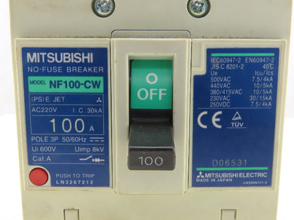 Mitsubishi NF100-CW 100A Circuit Breaker 3P 50/60Hz 500VAC 7.5kW 250VDC