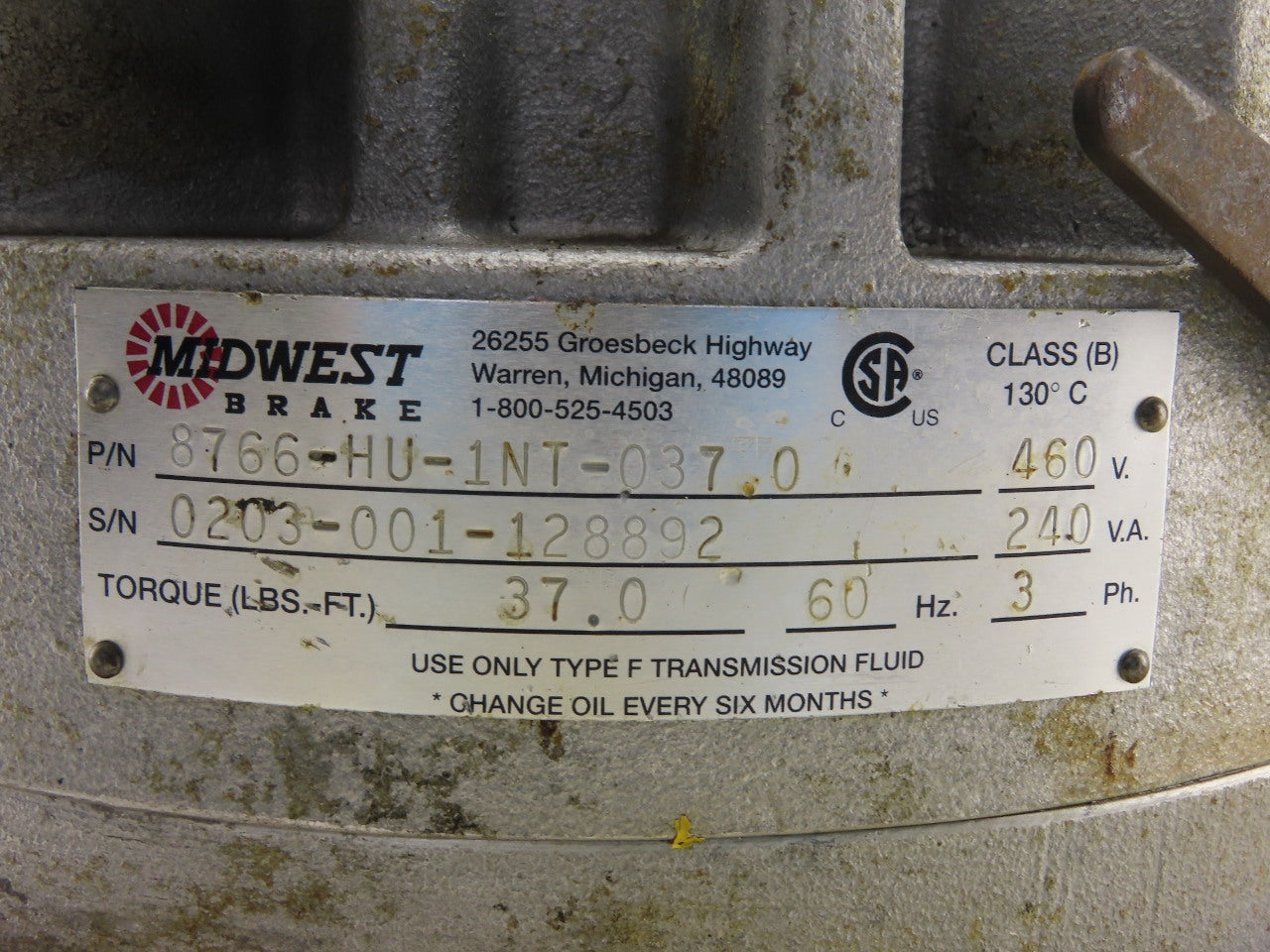 Midwest Brake 8766-HU-1NT-037.0 Oil Shear Electric Brake 230/460V 37Lbs./Ft