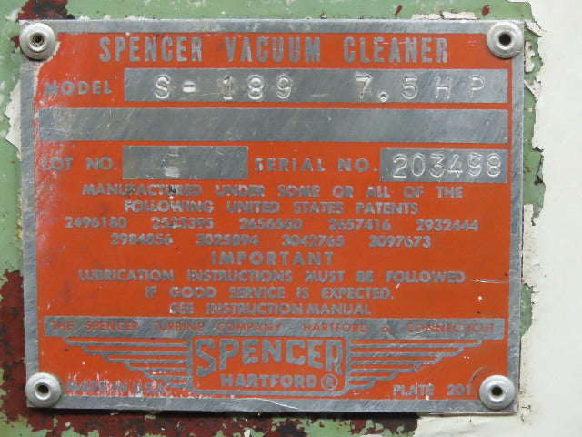 Spencer S-189 Industravac 240/480V 7.5Hp Industrial Vacuum W/ Filters