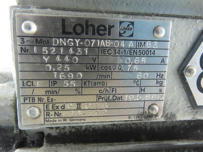 Loher DNGY-071AB-04 0.25kW 1690RPM 440Y 60Hz AC Motor