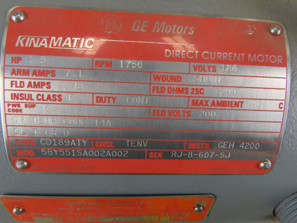 GE Kinamatic 1.5Hp 1750RPM 180 VDC Shunt Wound DC Motor