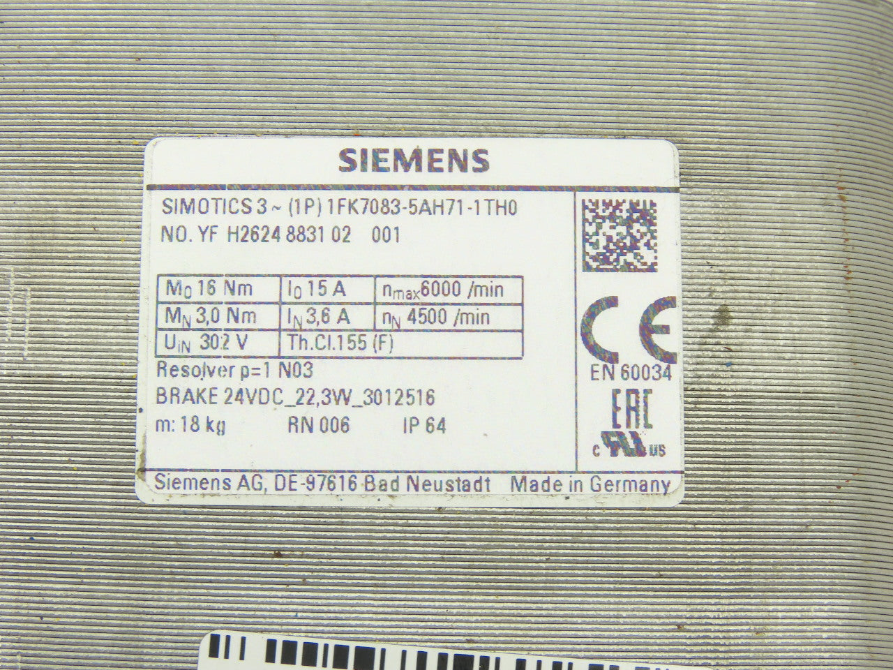 Siemens 1FK7083-5AH71-1TH0 302V 6000RPM 15A Servo Motor 24V Brake