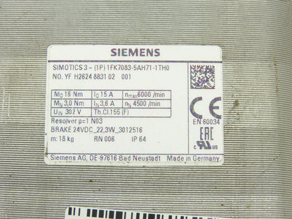 Siemens 1FK7083-5AH71-1TH0 302V 6000RPM 15A Servo Motor 24V Brake