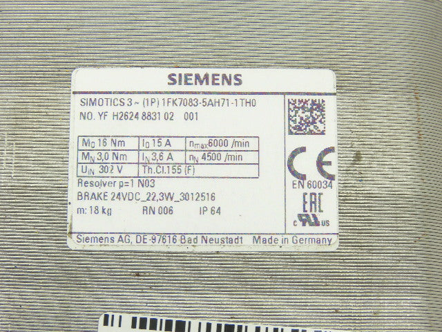 Siemens 1FK7083-5AH71-1TH0 302V 6000RPM 15A Servo Motor 24V Brake