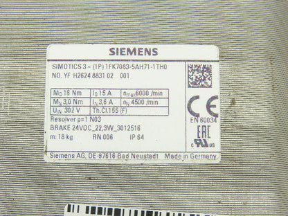 Siemens 1FK7083-5AH71-1TH0 302V 6000RPM 15A Servo Motor 24V Brake