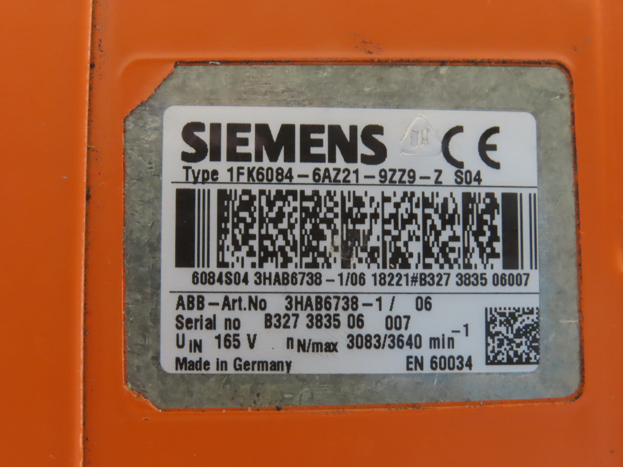 Siemens 1FK6084-6AZ21-9ZZ9-Z 3HAB6738-1 Servo Motor 165V 3083/3640RPM