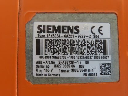 Siemens 1FK6084-6AZ21-9ZZ9-Z 3HAB6738-1 Servo Motor 165V 3083/3640RPM
