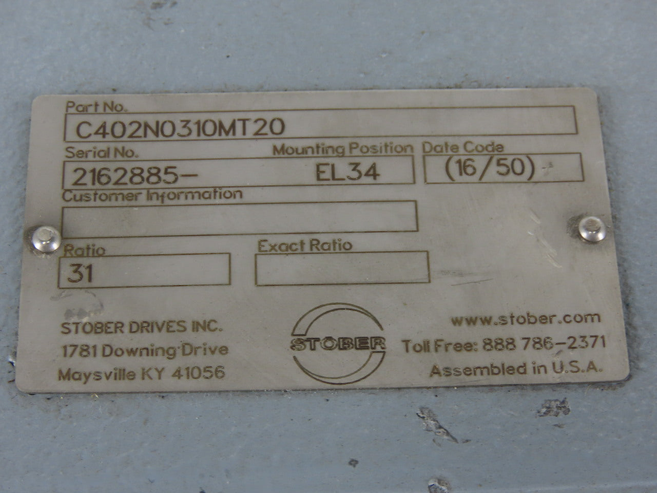Stober C402N0310MT20 31:1 Ratio 56RPM Output Helical Gear Reducer