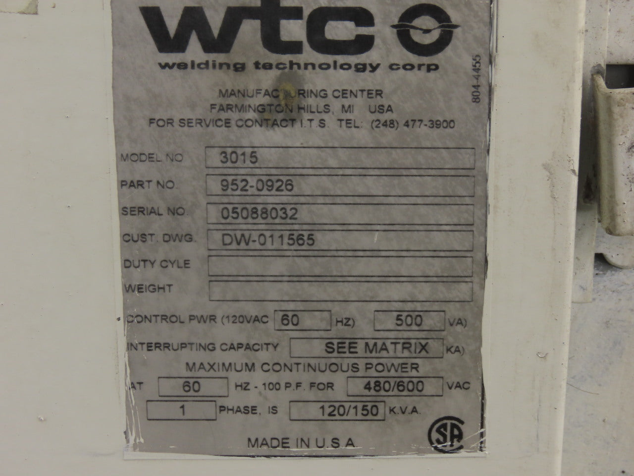 Medar Model 3015 Medwelsd 3000s 480V 60Hz AC Welding Control 500VA