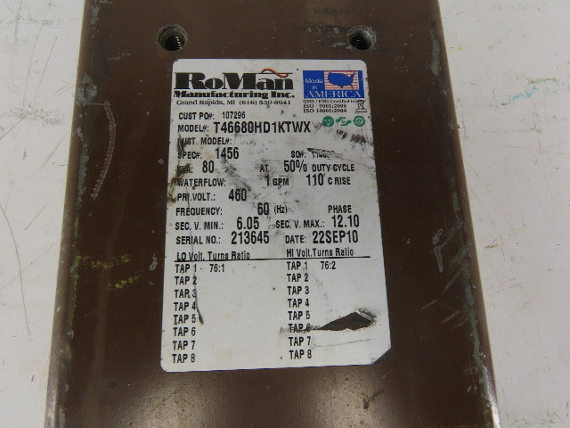 RoMan T46680HD1KTWX 80KVa 460V 1GPM 1Ph Resistance Welding Transformer