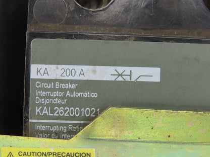 Square D KAL262001021 600V 200A Circuit Breaker W/ Operating Mechanism