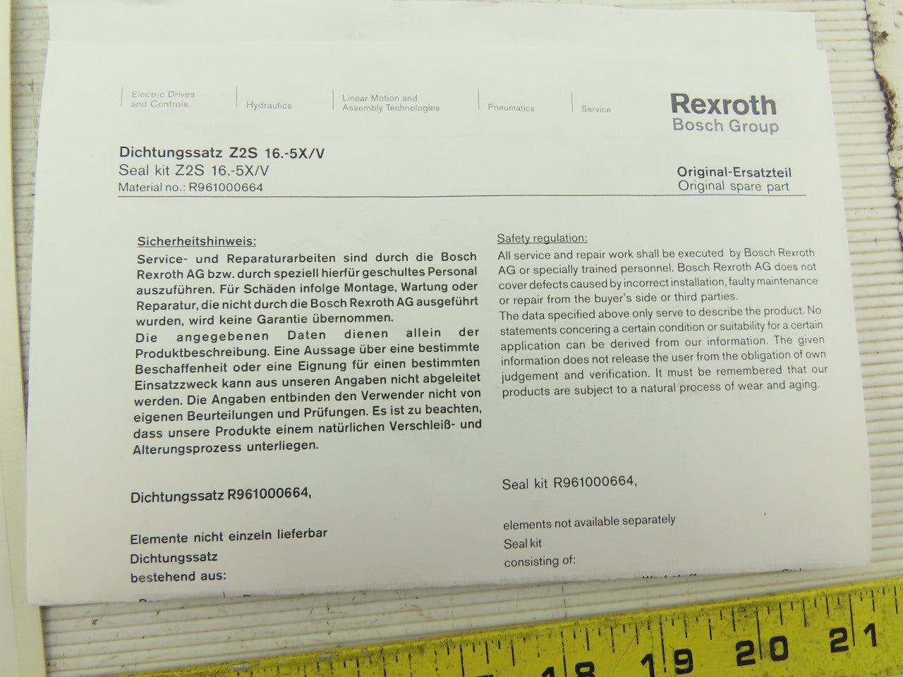 Rexroth R961000664 Z2S 16.-5X/V Seal Kit