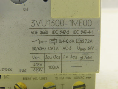 Siemens 3VU1300-1ME00 0.4-0.6A Trip Range Motor Protection Circuit Breaker 600V