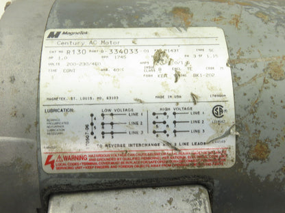 Magnaetek R130 1Hp Electric Motor 208-230/460-480V 3Ph P143T Frame 1745RPM