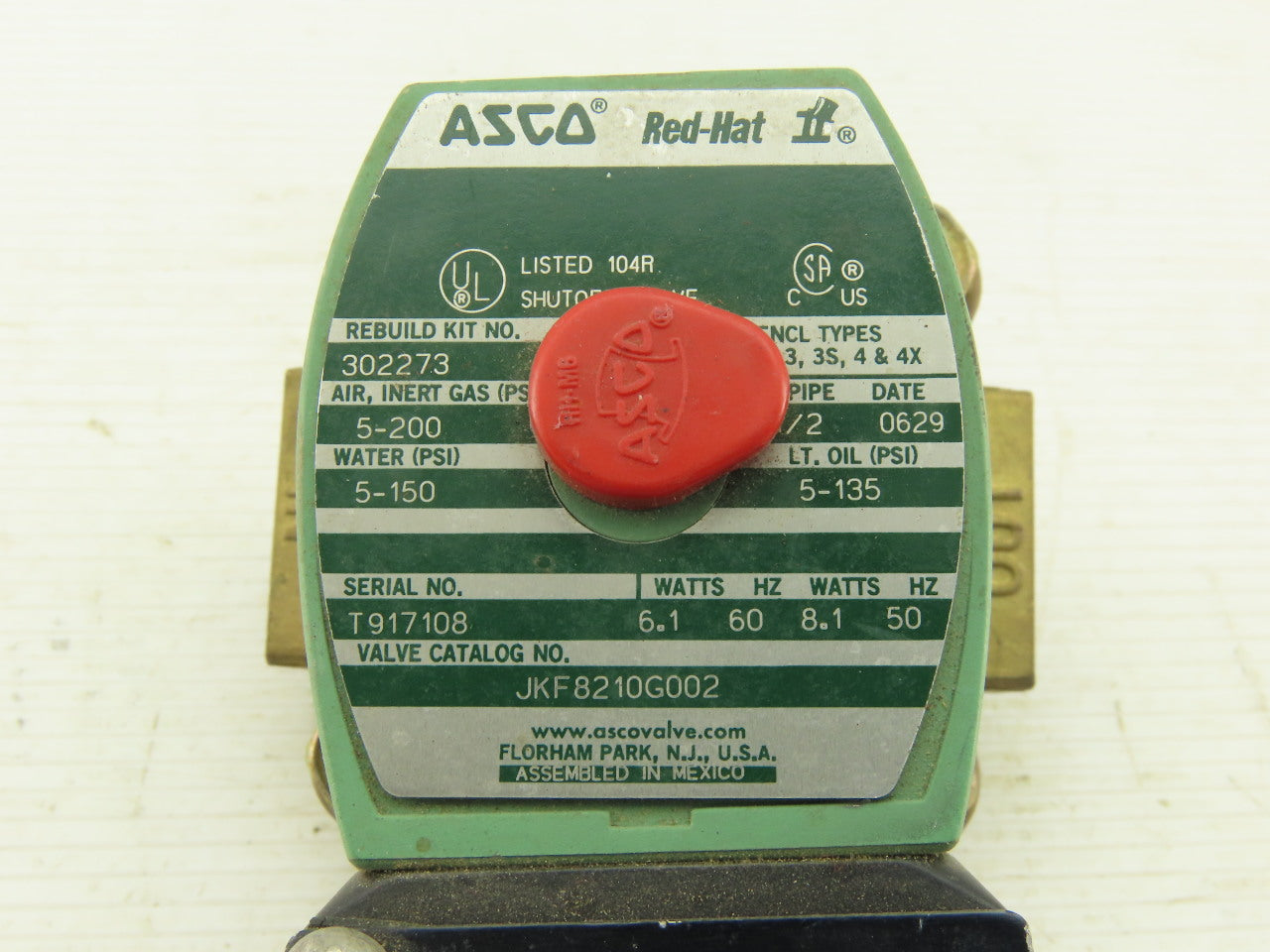 ASCO JKF8210G002 Solenoid Valve Oil Water Tight Connector 1/2" NPT