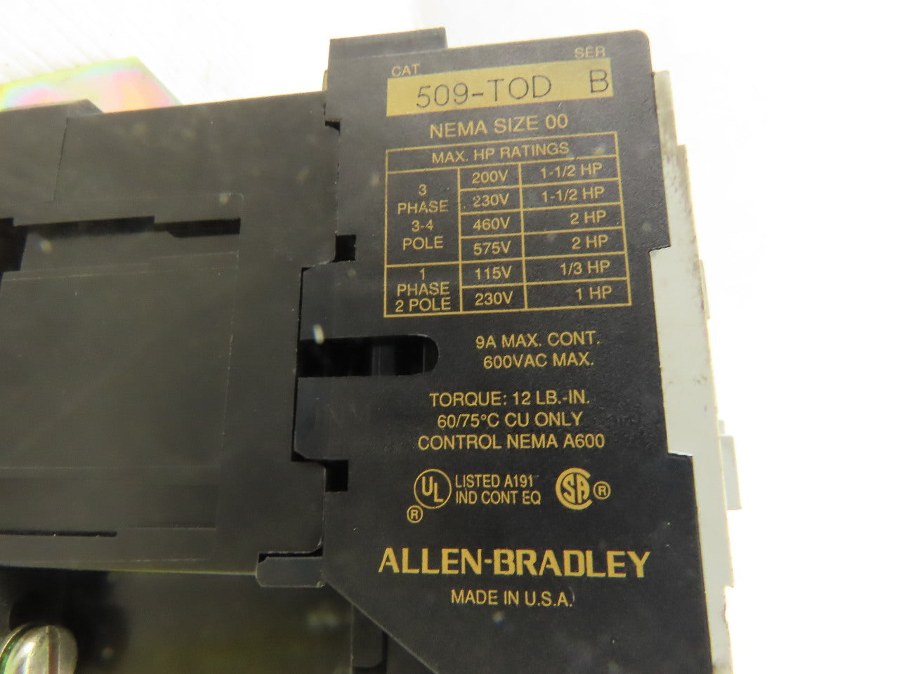 Allen Bradley 509-TOD 600V 2Hp 3Ph Magnetic Contact Starter Over Load 120V Coil