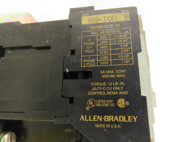 Allen Bradley 509-TOD 600V 2Hp 3Ph Magnetic Contact Starter Over Load 120V Coil