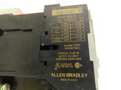 Allen Bradley 509-TOD 600V 2Hp 3Ph Magnetic Contact Starter Over Load 120V Coil