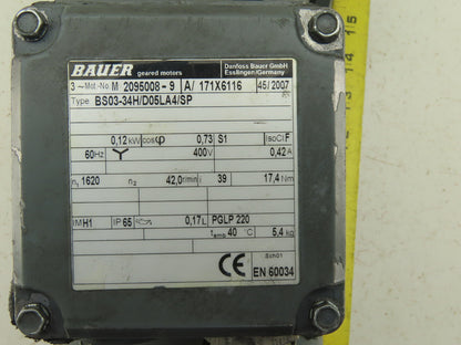 Bauer BS03-34H/D05LA/SP 39:1 Ratio 42RPM 0.12kW 400V 3Ph Gear Motor