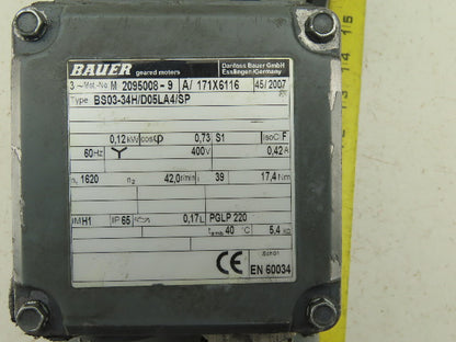 Bauer BS03-34H/D05LA/SP 39:1 Ratio 42RPM 0.12kW 400V 3Ph Gear Motor