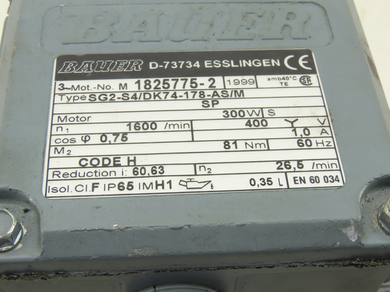 Bauer SG2-S4/DK74 60.63: 1 Ratio 26.5RPM 400V 60Hz 3Ph Right Angle Gearmotor