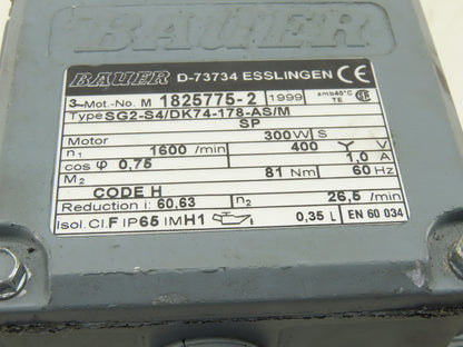 Bauer SG2-S4/DK74 60.63: 1 Ratio 26.5RPM 400V 60Hz 3Ph Right Angle Gearmotor