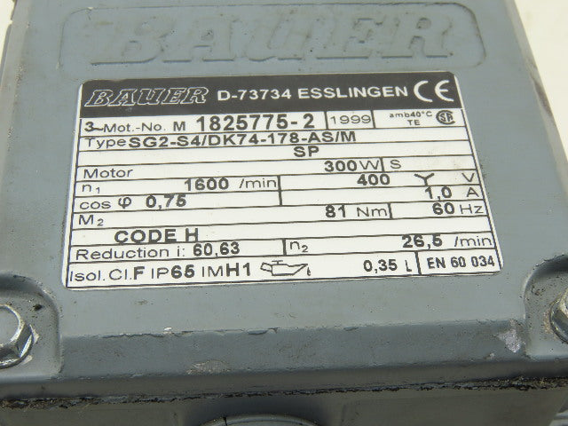 Bauer SG2-S4/DK74 60.63: 1 Ratio 26.5RPM 400V 60Hz 3Ph Right Angle Gearmotor