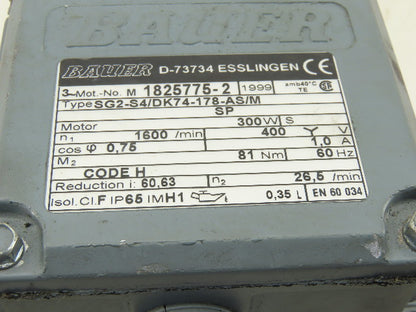 Bauer SG2-S4/DK74 60.63: 1 Ratio 26.5RPM 400V 60Hz 3Ph Right Angle Gearmotor