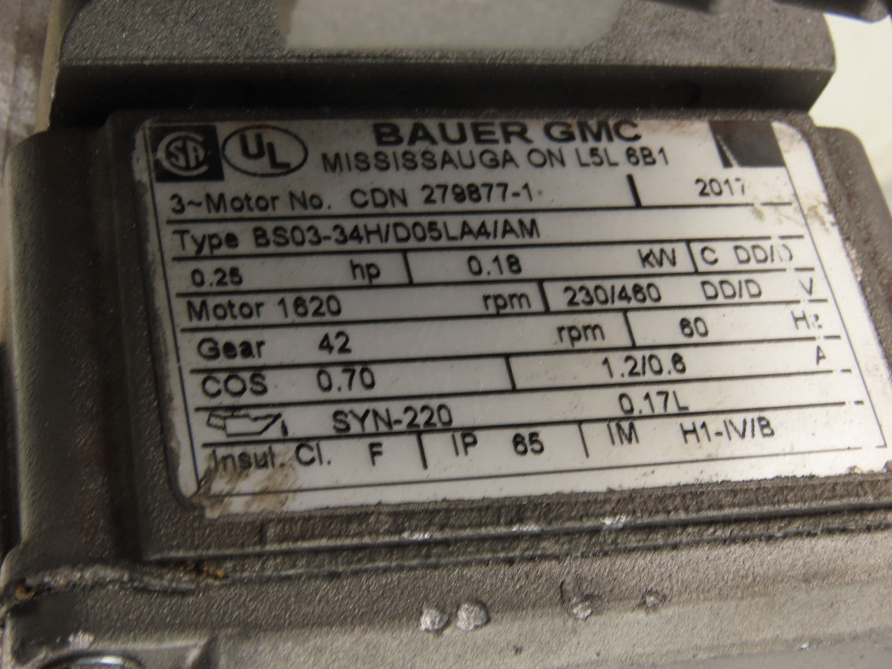 Bauer BS03-34H/D05LA4 38.57:1 Ratio 230/460V .25Hp 42RPM Right Angle Gearmotor
